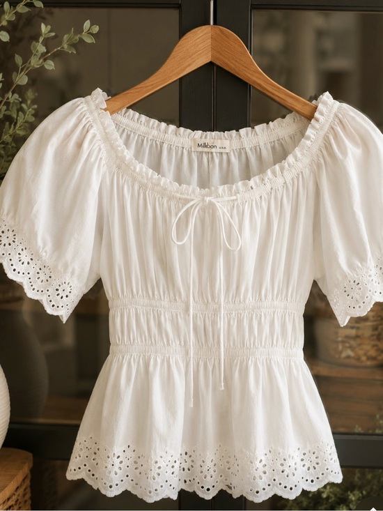 Millibon Tops - Millibon Cotton White Eyelet Puff Sleeve Peplum Peasant Blouse
